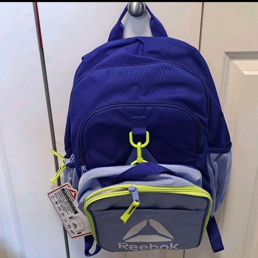 Brand New Reebok Blue Backpack with Gray Pocket And A Lunch Bag Attached